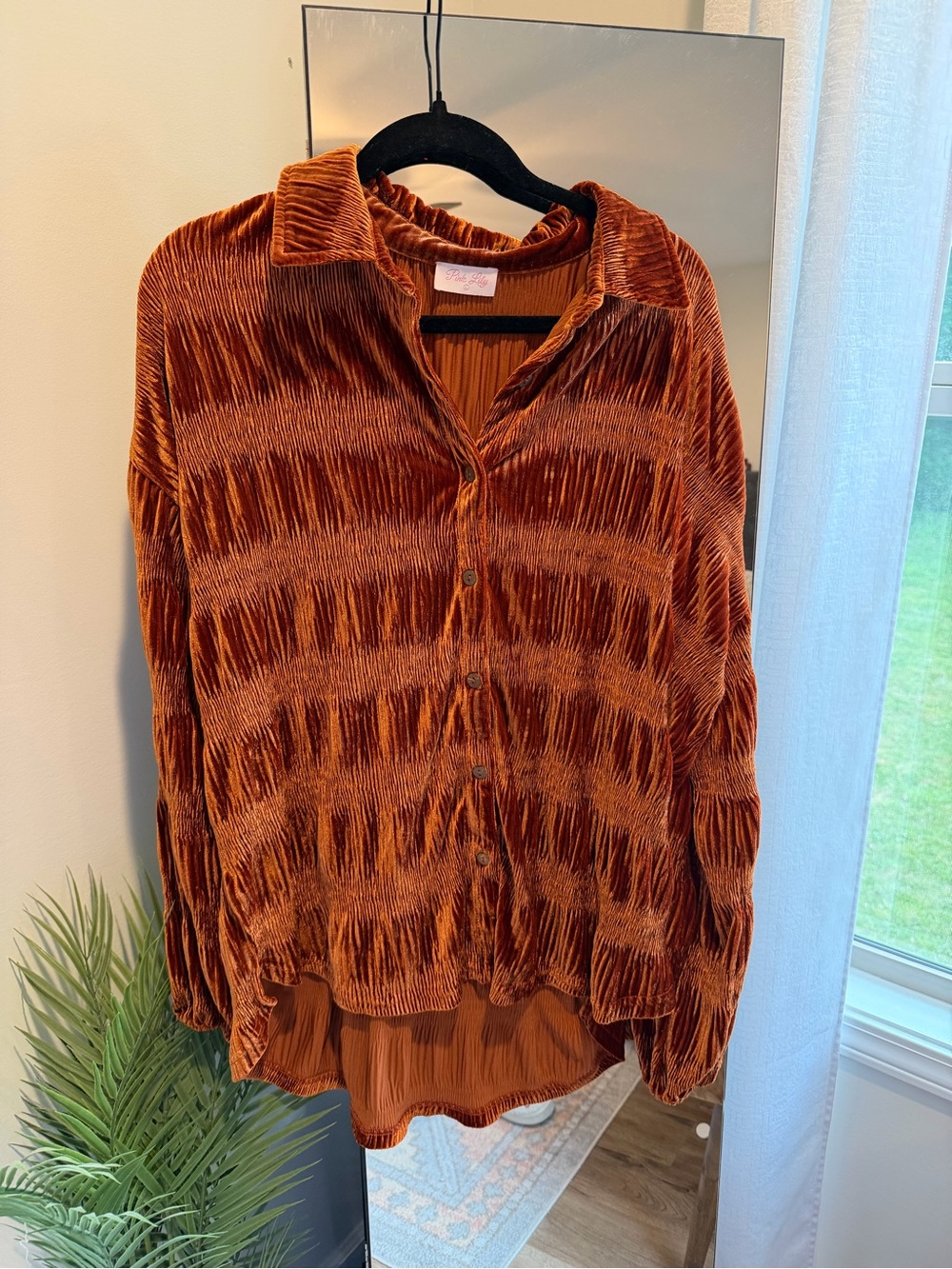 Pink Lily Burnt Orange Pleated Velvet Button-Up Blouse